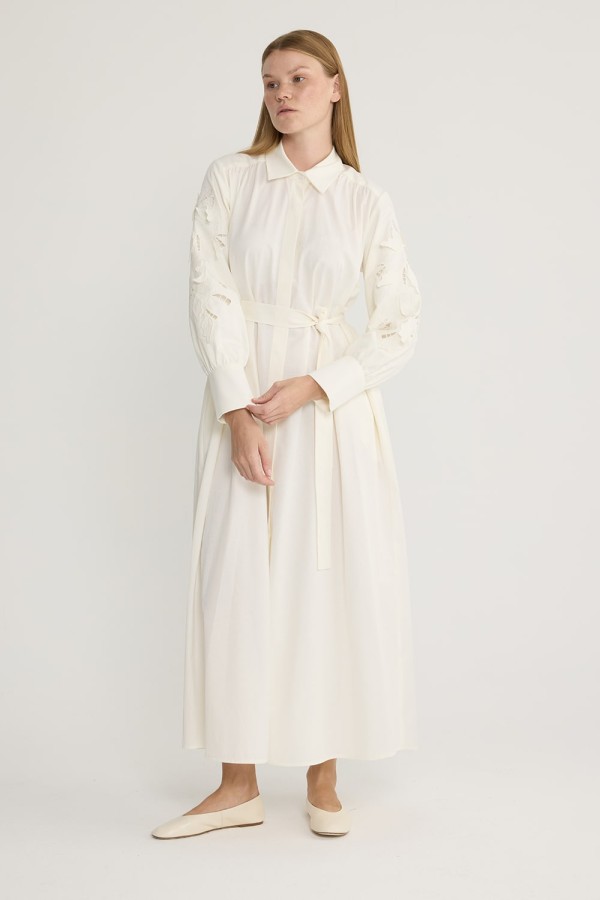 Perla Nakışlı Elbise Ekru