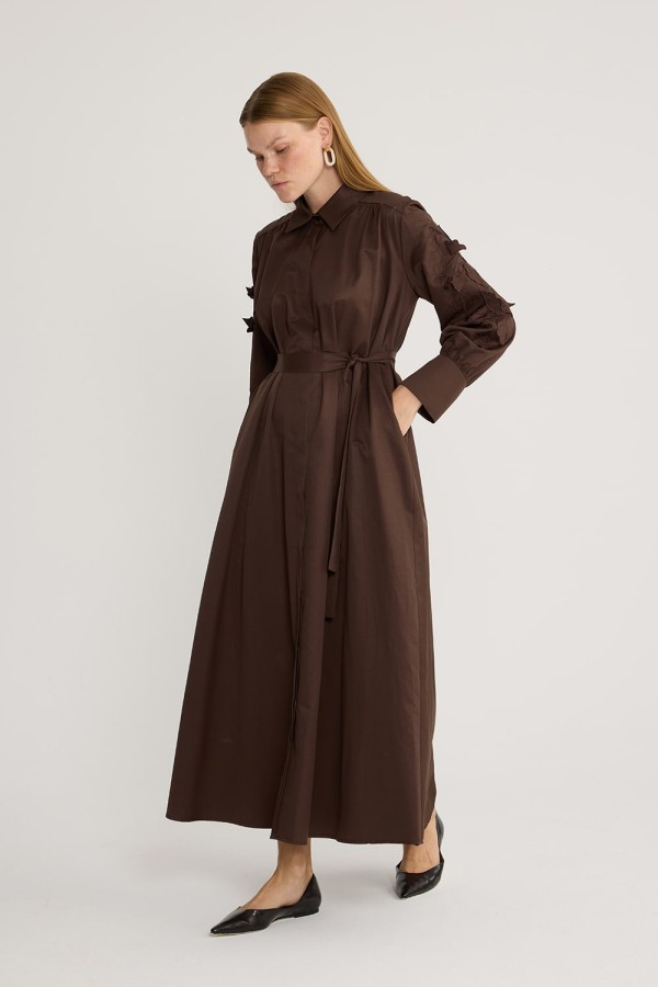 Perla Nakışlı Elbise Kahve