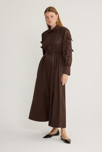 Perla Nakışlı Elbise Kahve - Thumbnail