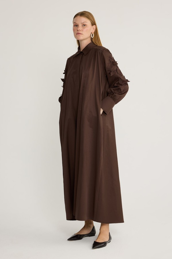 Perla Nakışlı Elbise Kahve