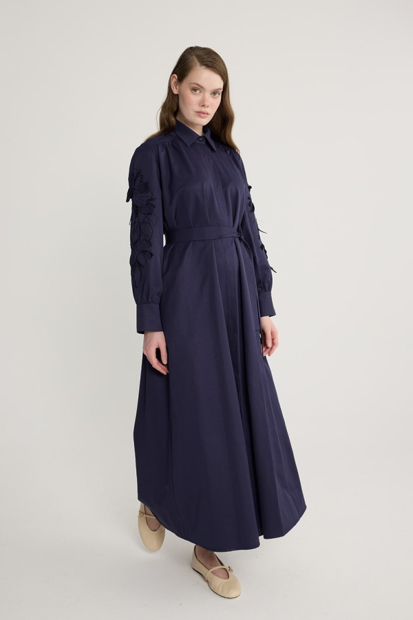 Perla Nakışlı Elbise Lacivert