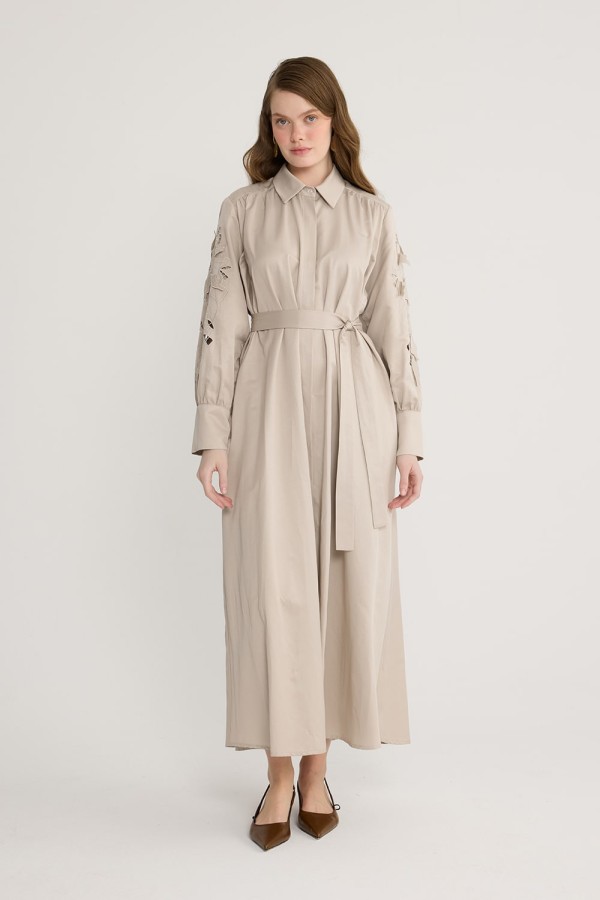 Perla Nakışlı Elbise Vizon