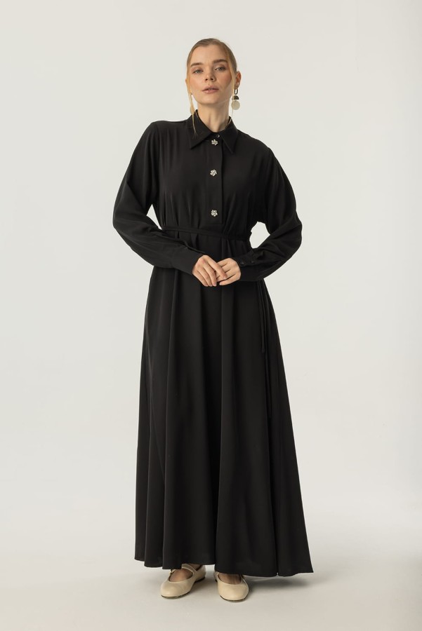 emiles - Taş Düğme Detaylı Elbise Siyah