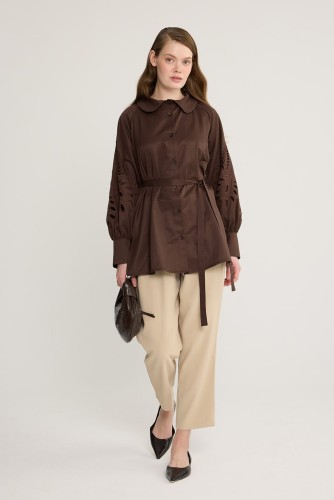 Vina Nakışlı Gömlek Kahve - Thumbnail